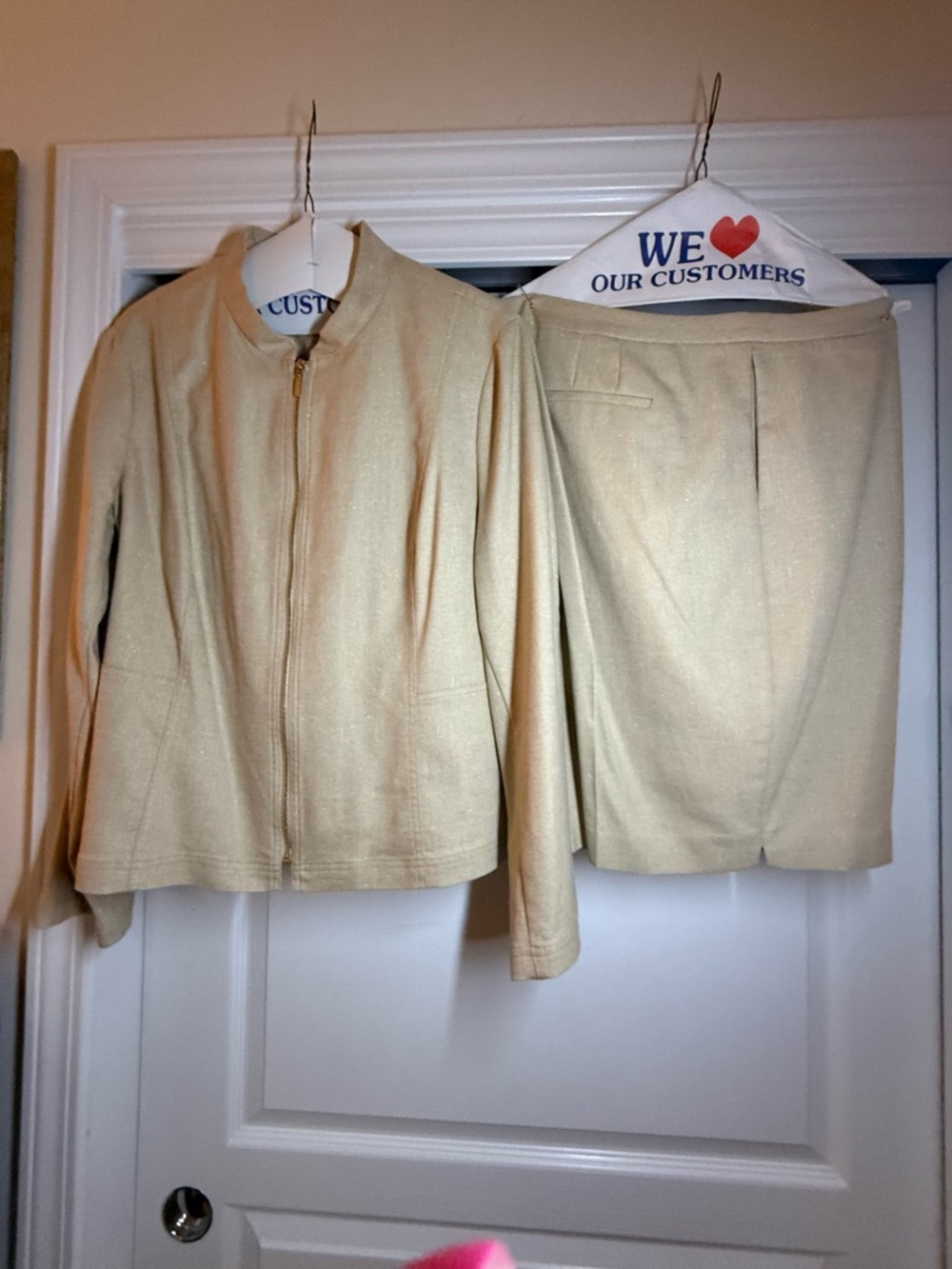 Chico’s Light Beige With Gold Thread Two-Piece Shorts Suit - Zip Jacket & Shorts